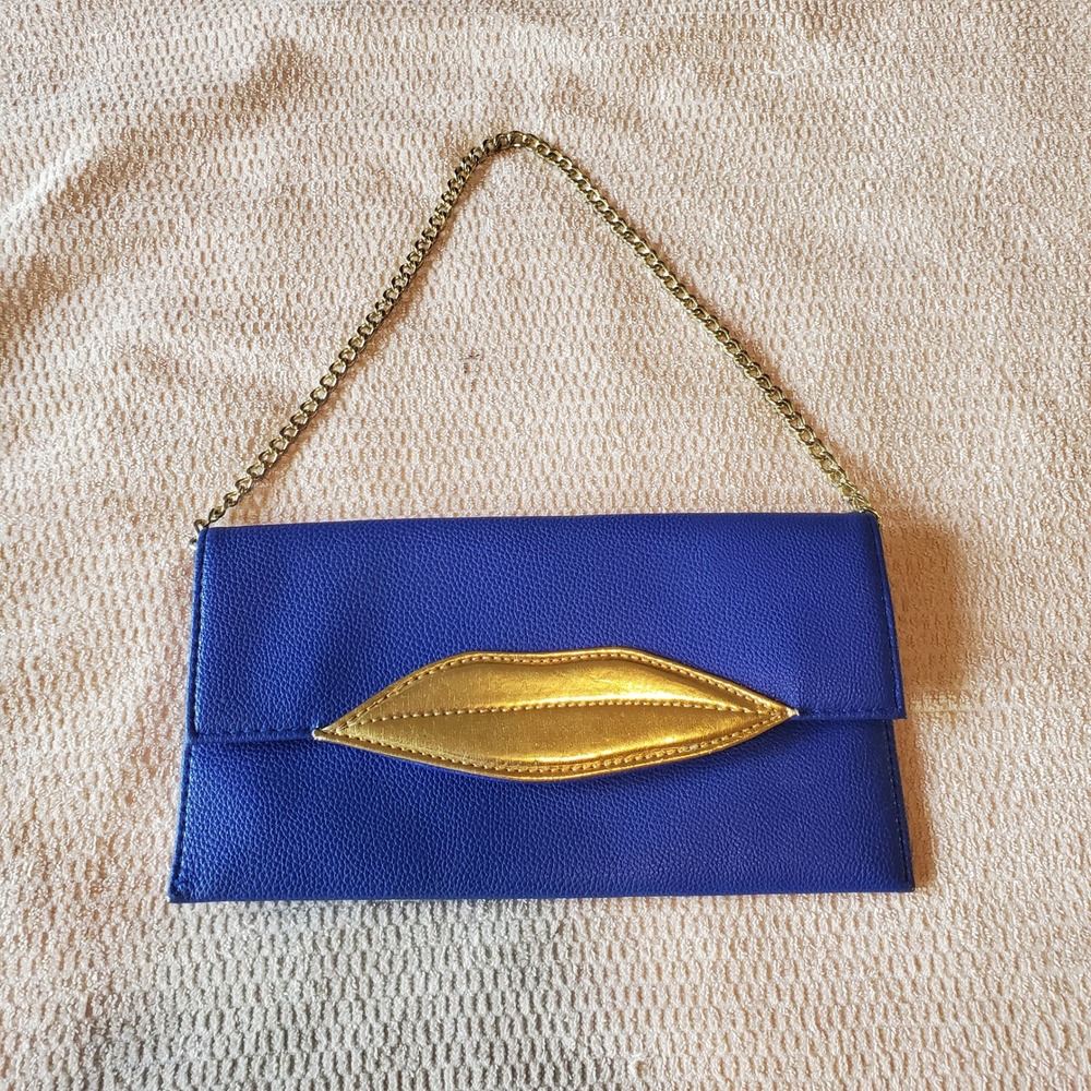 Royal Blue Faux Leather Envelope Clutch Gold Lip Appliqué Gold Chain Bag